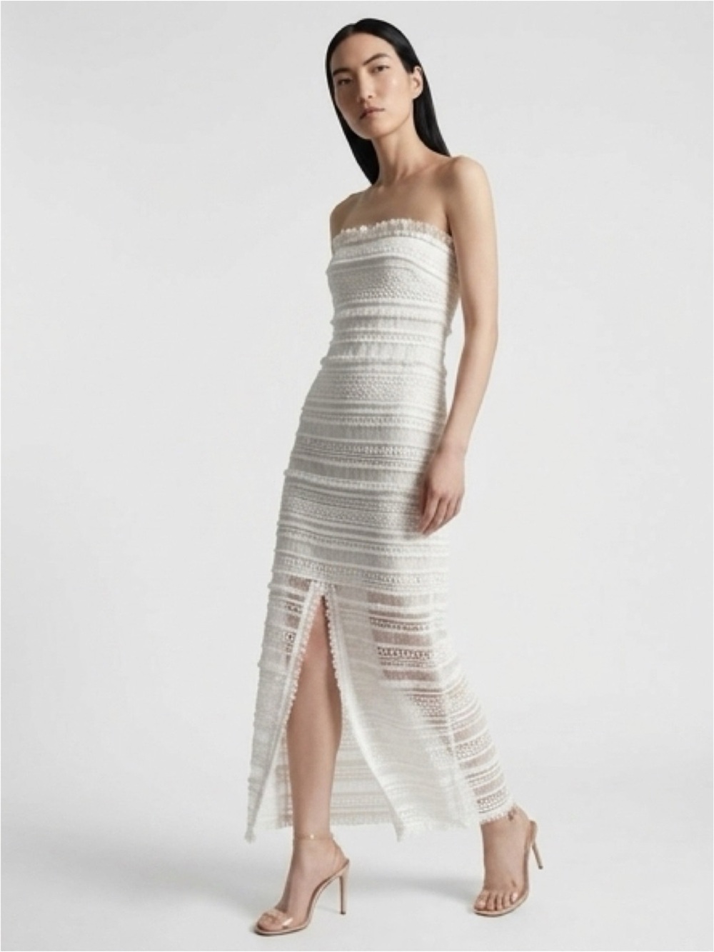 Brontë Strapless White Crochet Cotton Lace Midi Dress with Front Slit